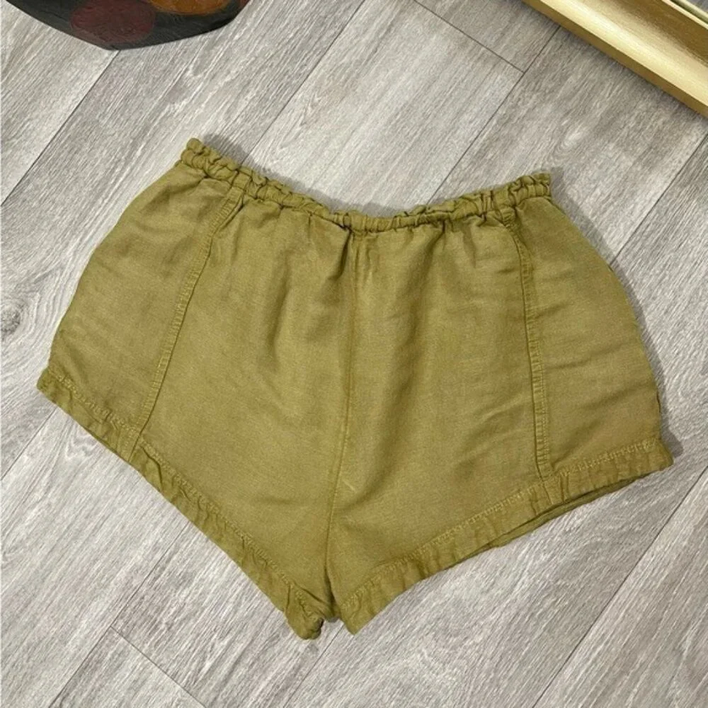 Free People Mirella Linen & Cotton Drawstring Shorts in Olive‎ Green Size S